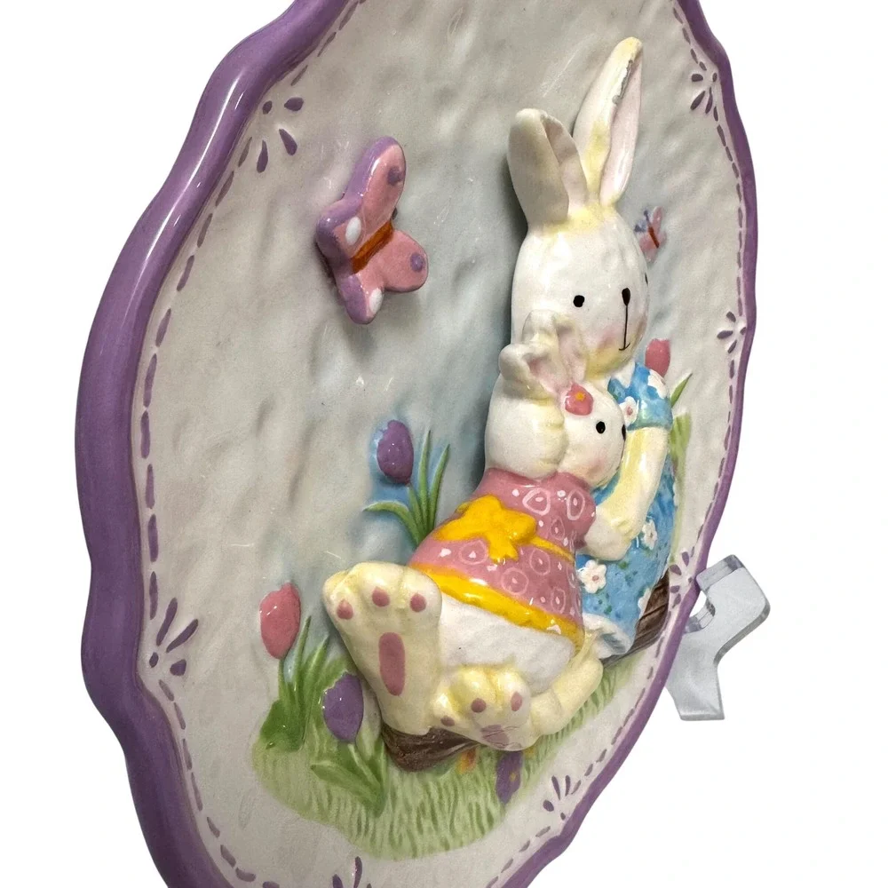 Set of 3 3-D Easter Bunny Rabbit Plates Spring‎ Figurines Butterflies Flowers